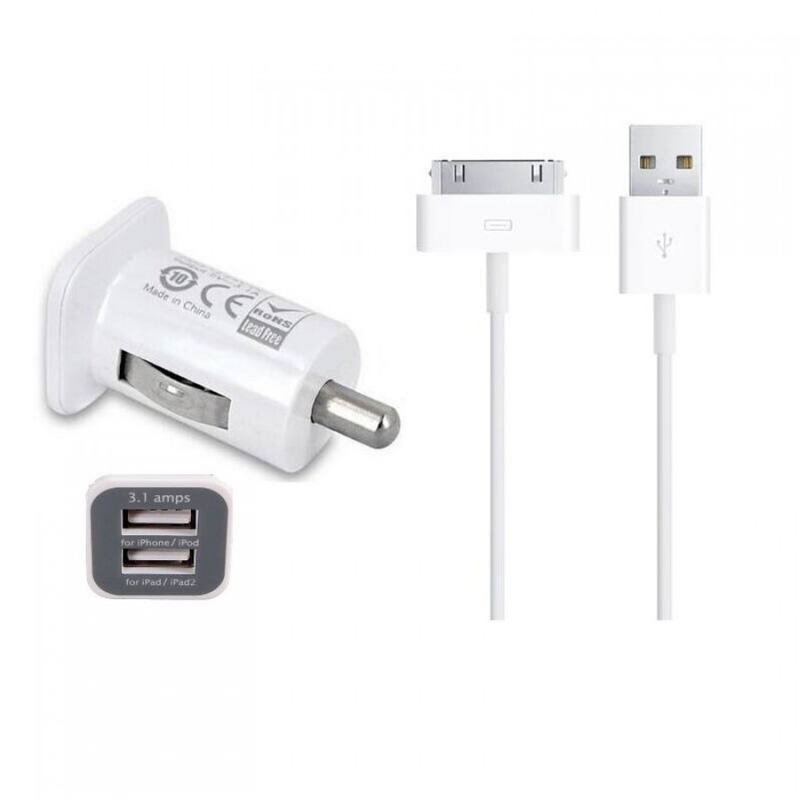 iPhone 4 4S 3GS iPad 3 2 iPod Touch 5th Car Charger dual usb port + 30 PIN  Cable