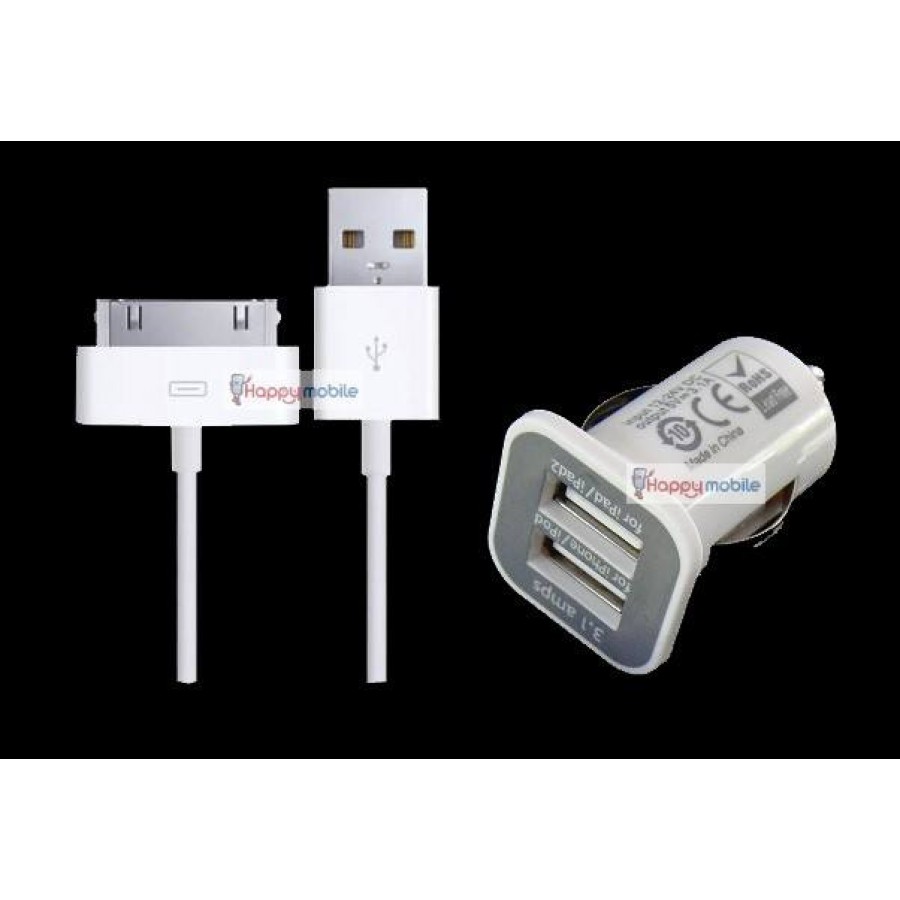 Iphone 4 4s 3gs Ipad 3 2 Ipod Touch 5th Car Charger Dual Usb Port 30 Pin Cable